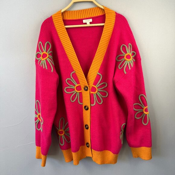 Pink Longline Cardigan Flower Applique Contrasting Orange Trim Size 2XL/3XL Boho - Picture 1 of 8